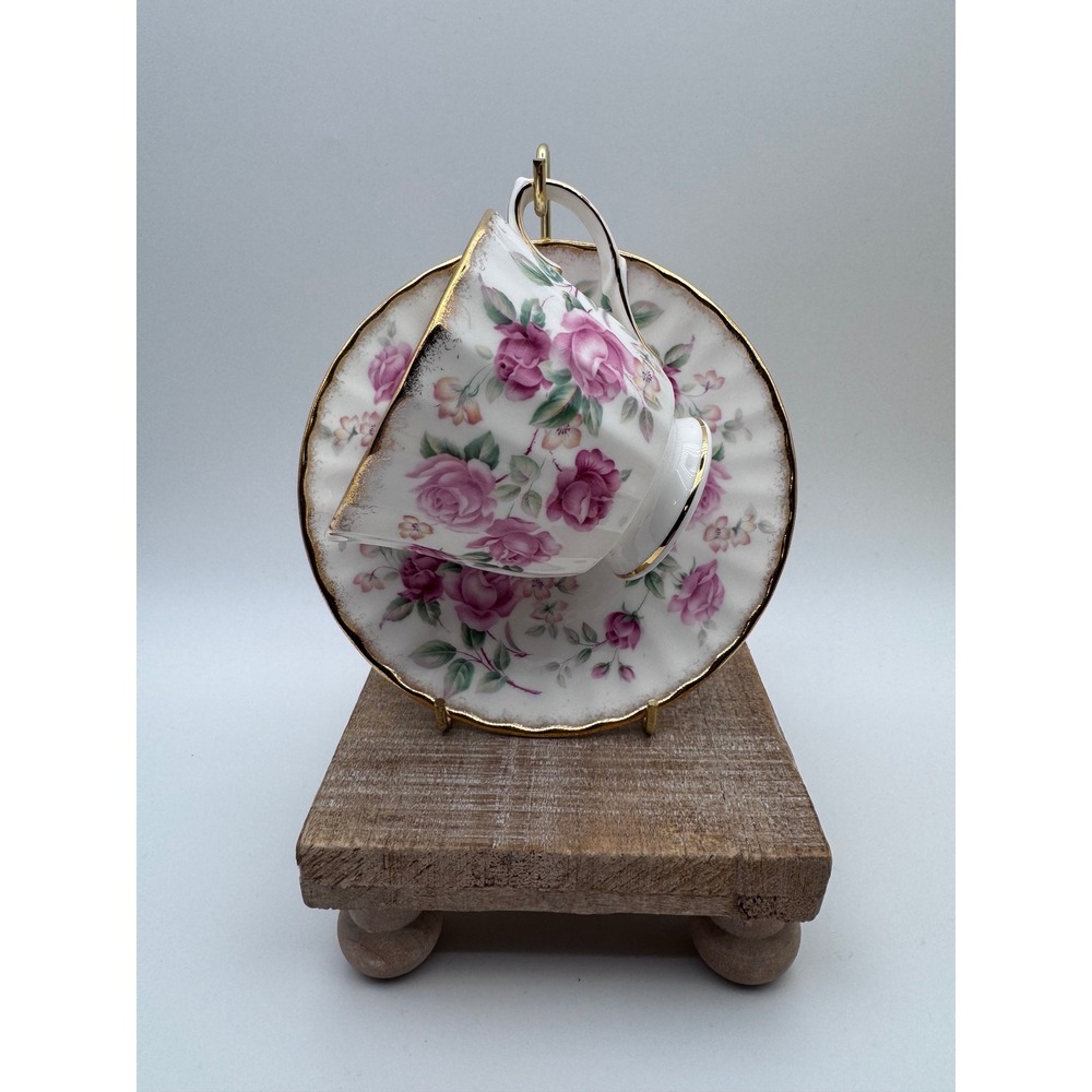 Duchess Bone China England Pink Rose Tea Cup and Saucer Set Gold Trim Vintage